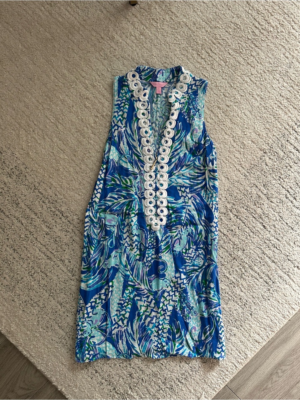 Lilly Pulitzer Blue, Green & White Sleeveless Embellished Shift Dress